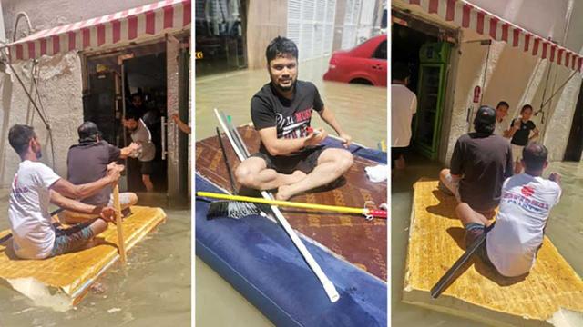 বিছানার ভেলায় চড়ে সদাই কিনছেন শারজাহবাসী
